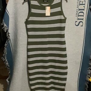 BTFBM Chic Striped Olive Green and White Midi Dress